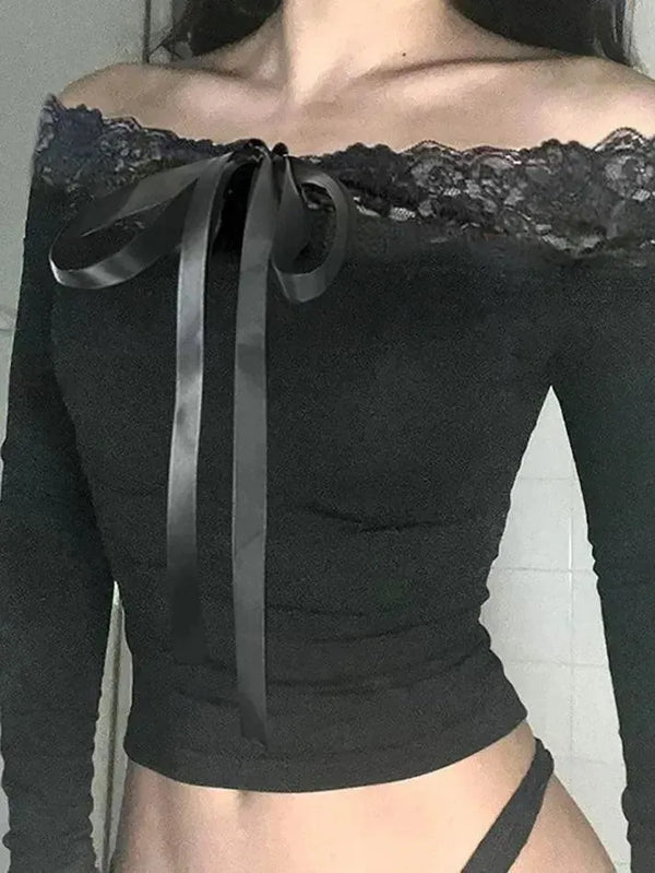 Lace Trim Satin Ribbon Bow Off-Shoulder Crop Top - AnotherChill