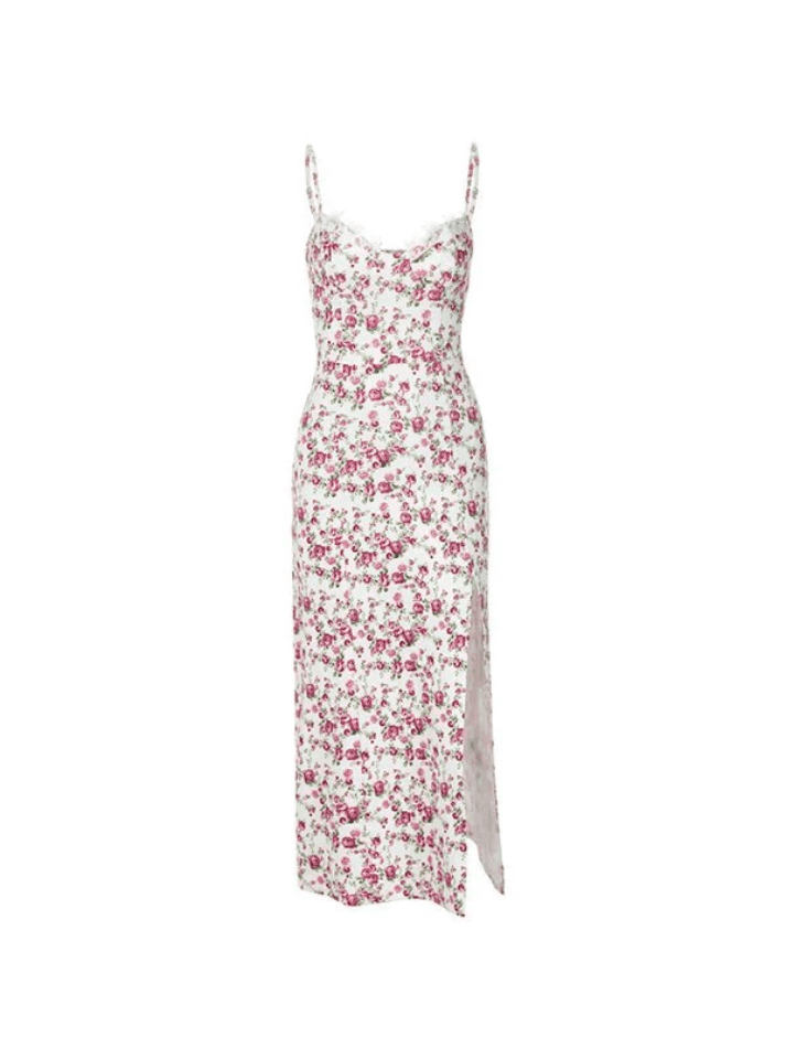 floral print lace trim slit maxi dress Boho Floral Lace Shapewear Maxi Dress
