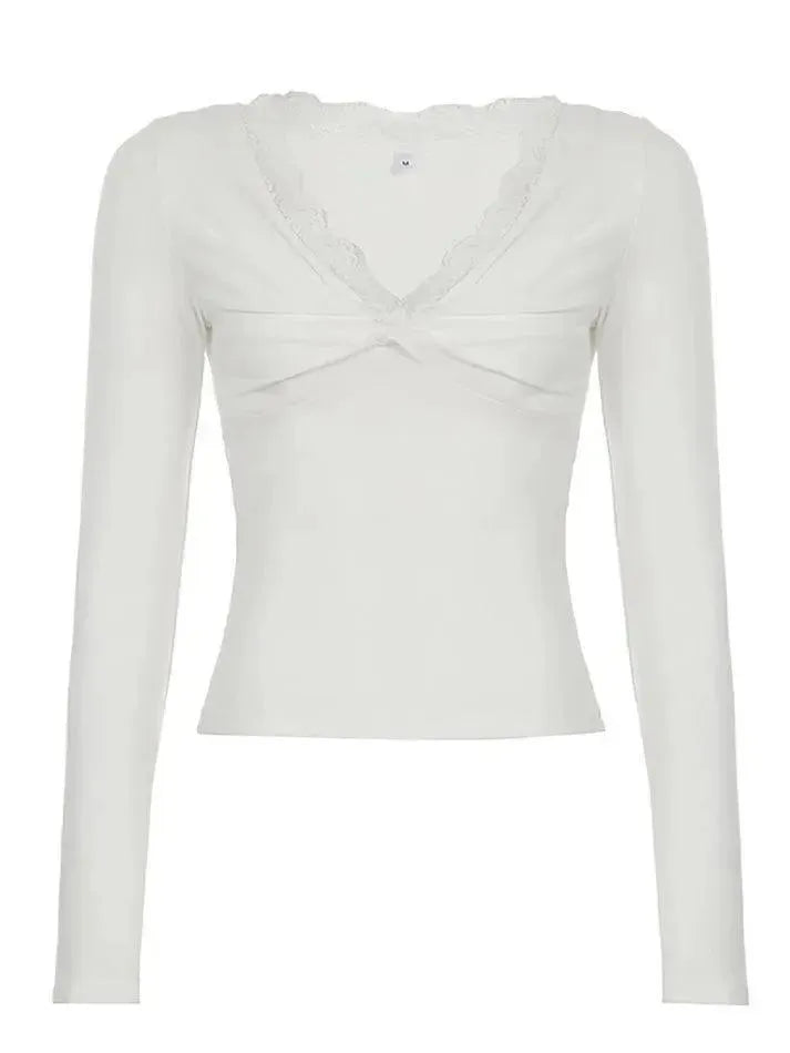 Lace Trim Twist Knot V-Neck Long Sleeve Top - AnotherChill