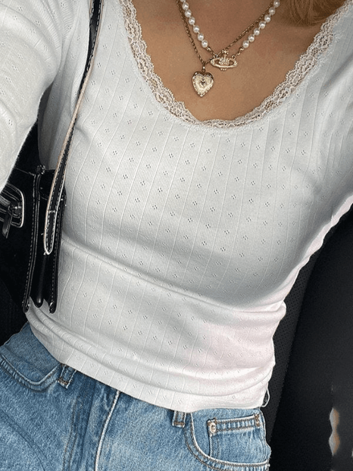 Lace Trim White Knit Top - AnotherChill