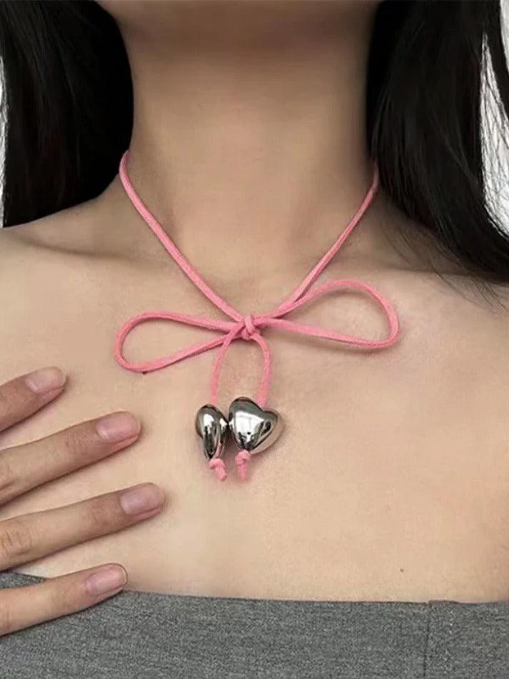 Lace Up Bow Heart Charm Necklace - AnotherChill