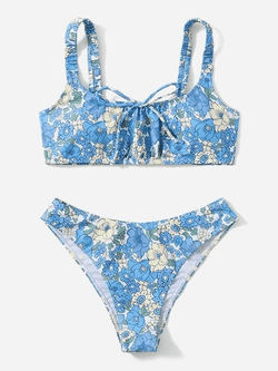 Lace Up Floral Print Strap Bikini Set - AnotherChill