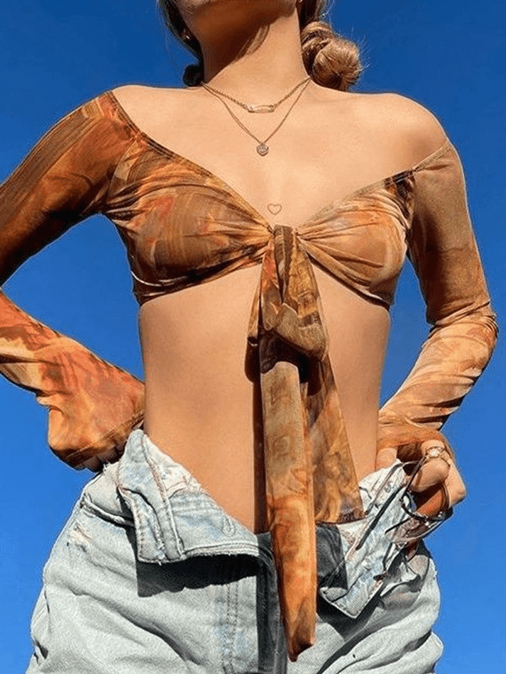 Lace Up Off Shoulder Mesh Blouse - AnotherChill