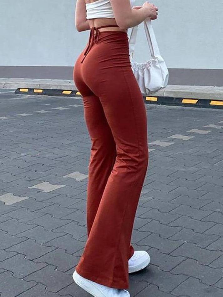 2024 Lace Up Stretch Flare Leg Pants Red S in Pants Online Store ...