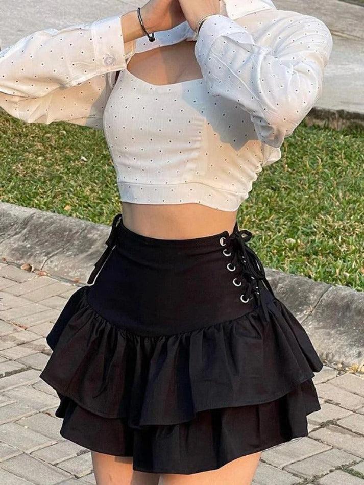 Lace Up Tiered Mini Skirt - AnotherChill