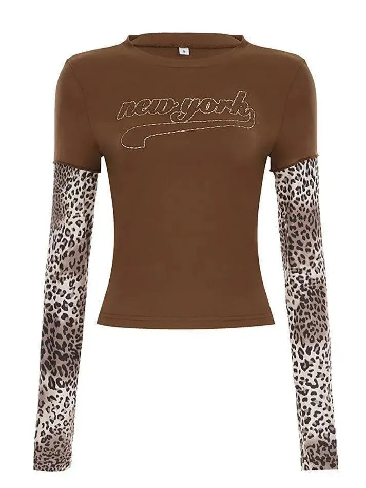 Leopard Print Patchwork Faux Two-Piece Crop Top - AnotherChill