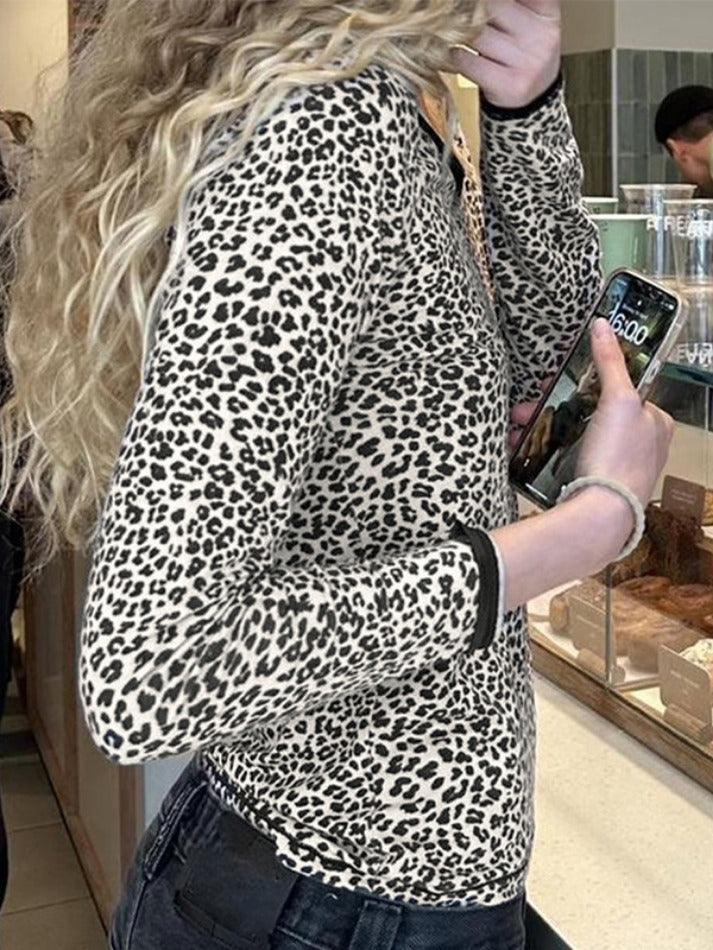 Leopard Print Round Neck Off Shoulder Long Sleeve Tee - AnotherChill
