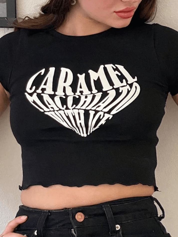 2024 Letter Heart Graphic Crop Top Black S in Tops&Tees Online Store ...