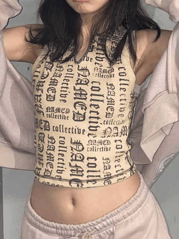 Letter Print V Neck Short Tank Top - AnotherChill