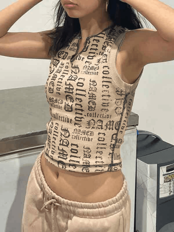 Letter Print V Neck Short Tank Top - AnotherChill