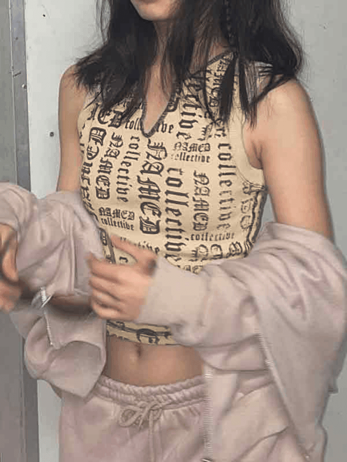 Letter Print V Neck Short Tank Top - AnotherChill