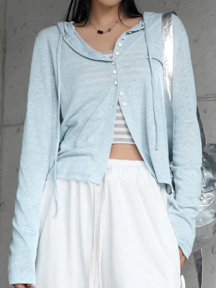 Light Blue Breasted Hooded Long Sleeve Knit - AnotherChill