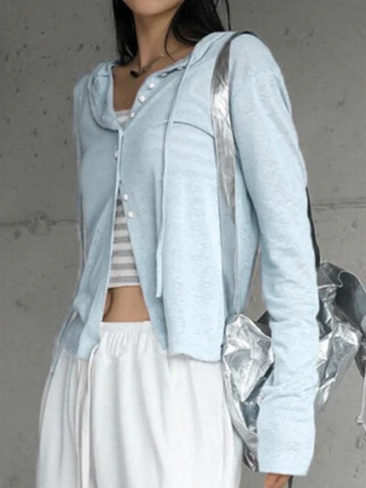 Light Blue Breasted Hooded Long Sleeve Knit - AnotherChill