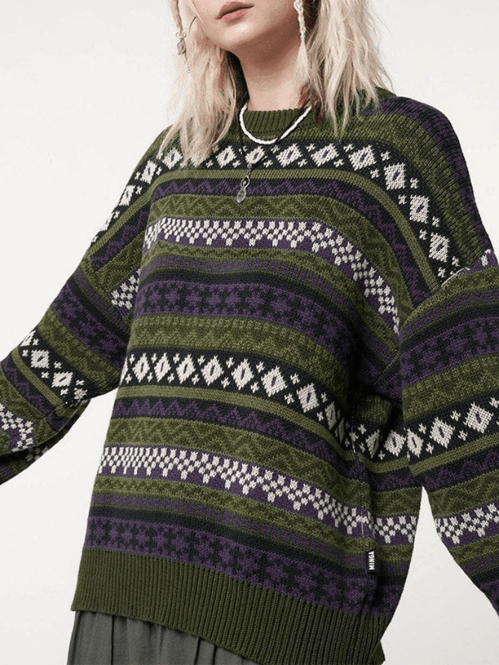 Long Sleeve Vintage Jacquard Sweater - AnotherChill
