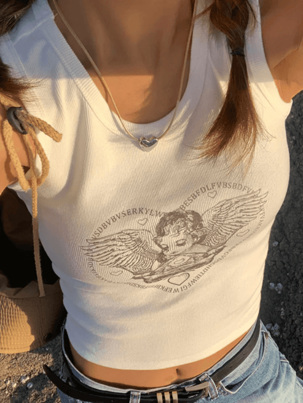 Love Angel Print White Short Tank Top - AnotherChill