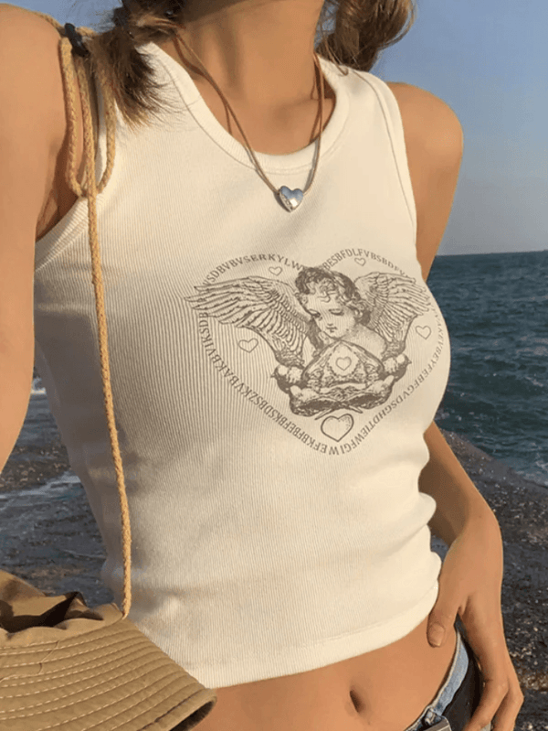 Love Angel Print White Short Tank Top - AnotherChill