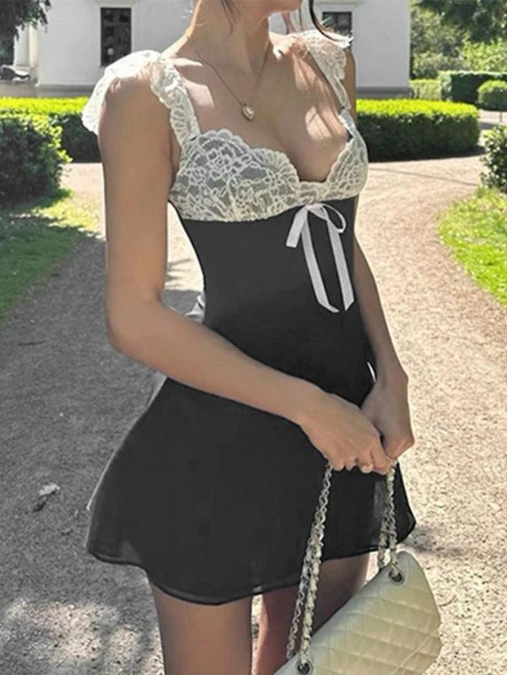 Low Cut Lace Splice Backless Chiffon Mini Dress - AnotherChill