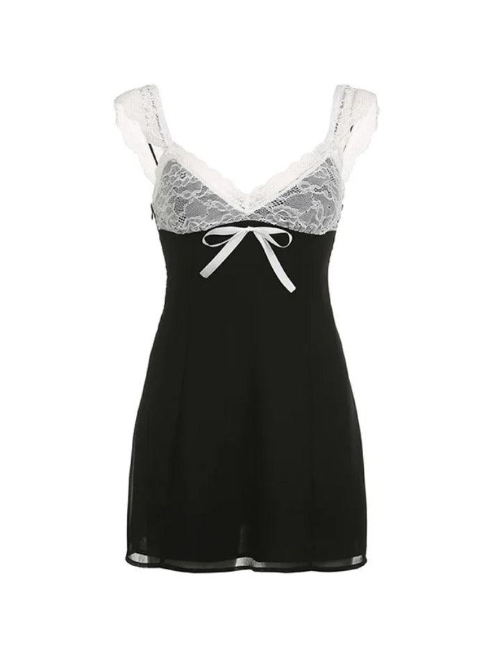 Low Cut Lace Splice Backless Chiffon Mini Dress - AnotherChill
