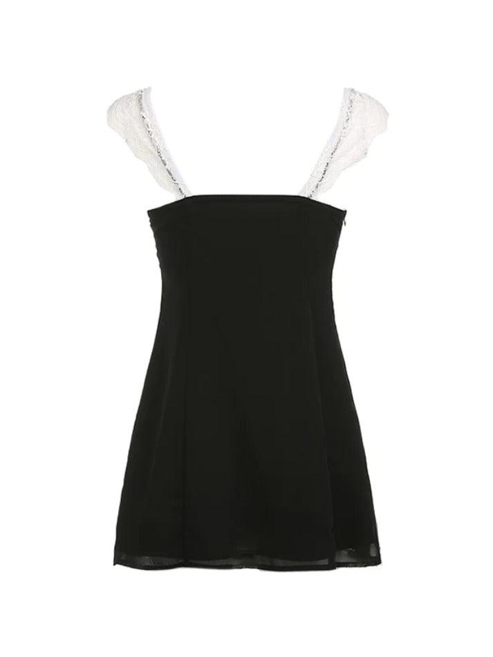 Low Cut Lace Splice Backless Chiffon Mini Dress - AnotherChill