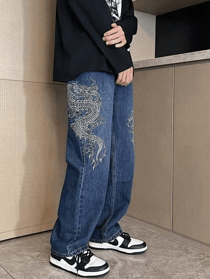 Men's Dragon Embroidered Straight Leg Jeans - AnotherChill