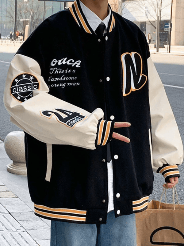 Men's Embroidery Button Up Varsity Jacket Black M in Jackets