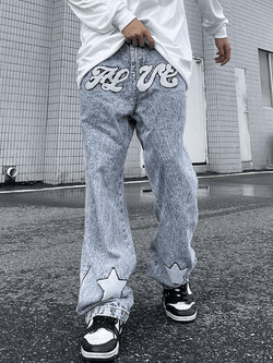 Men's Letter Star Embroidered Acid Wash Loose Jeans - AnotherChill