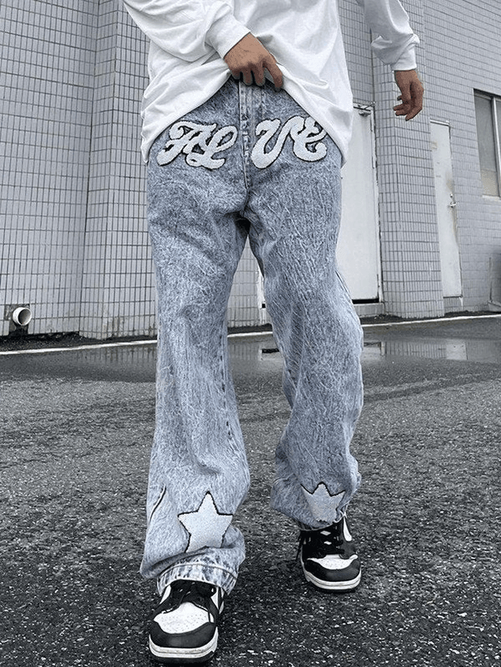 Men's Letter Star Embroidered Acid Wash Loose Jeans - AnotherChill