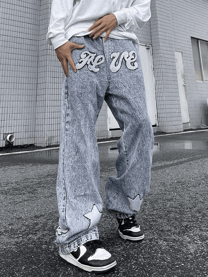 Men's Letter Star Embroidered Acid Wash Loose Jeans - AnotherChill