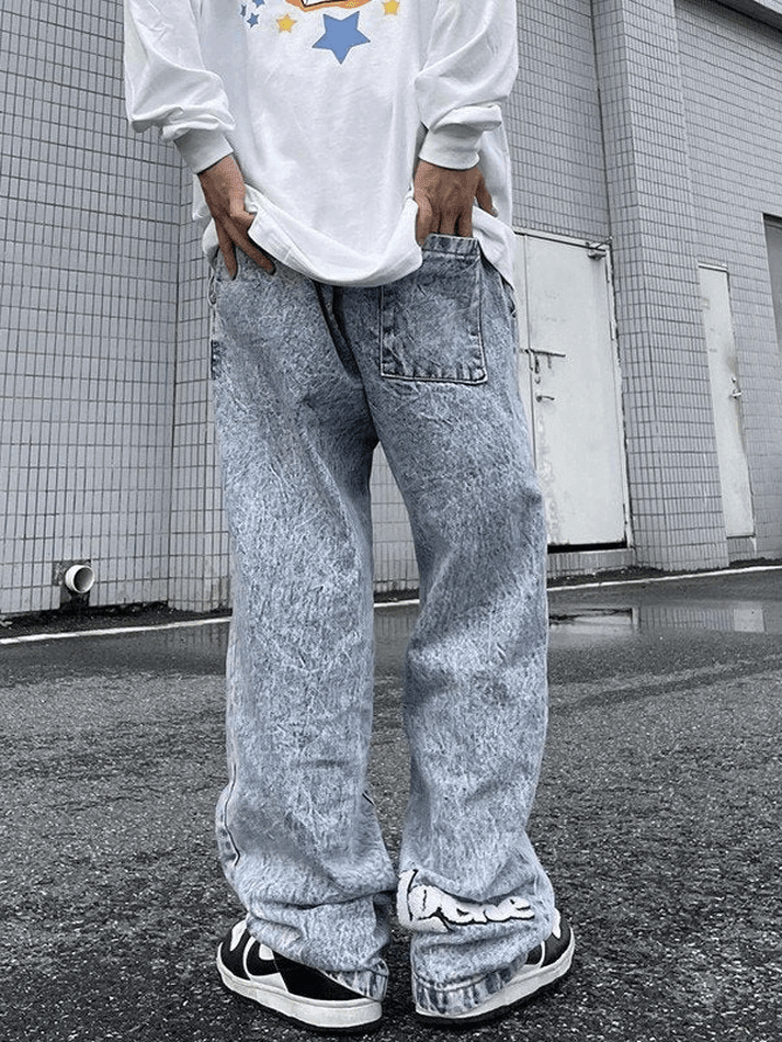 Men's Letter Star Embroidered Acid Wash Loose Jeans - AnotherChill
