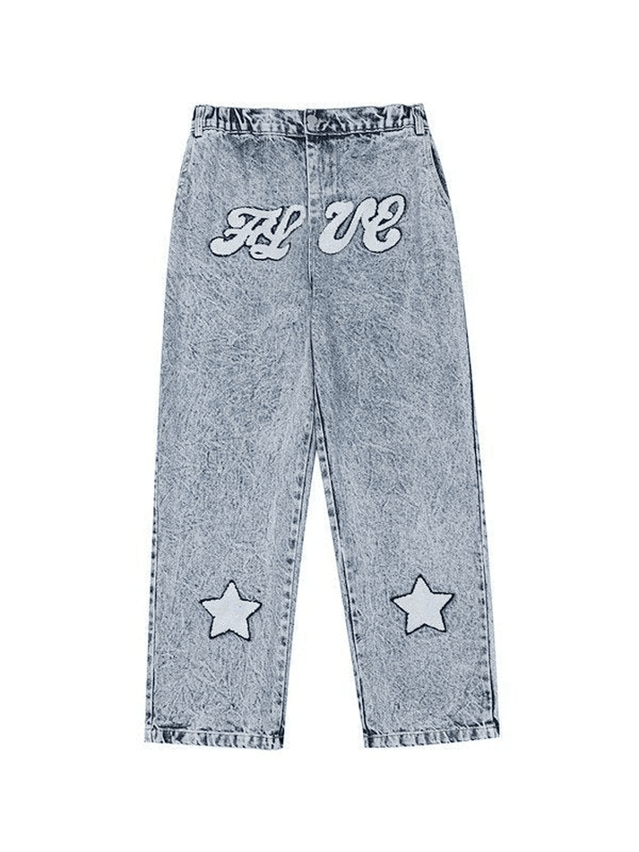 Men's Letter Star Embroidered Acid Wash Loose Jeans - AnotherChill
