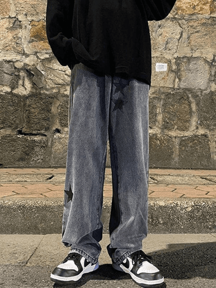 Men's Washed Vintage Star Straight Leg Jeans - AnotherChill