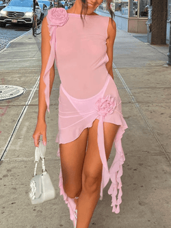Mesh Backless Wooden Ear Trim Dress - AnotherChill