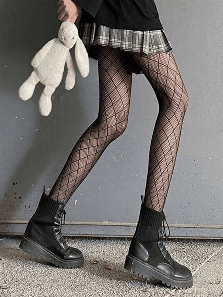 Mesh Checkered Pattern Tights - AnotherChill
