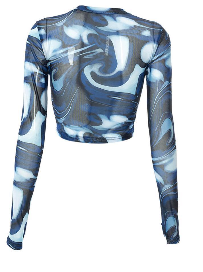 Mesh Long Sleeve Marble Print Crop Top - AnotherChill