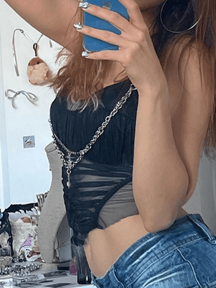 Mesh Patchwork Pleated Chain Cami Top - AnotherChill