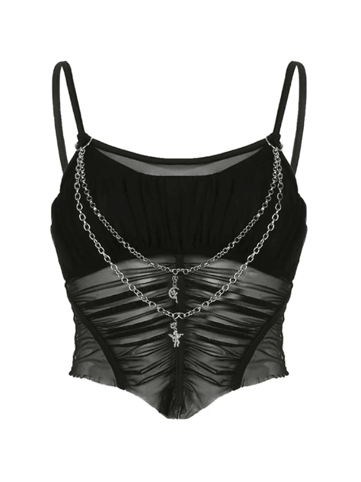Mesh Patchwork Pleated Chain Cami Top - AnotherChill
