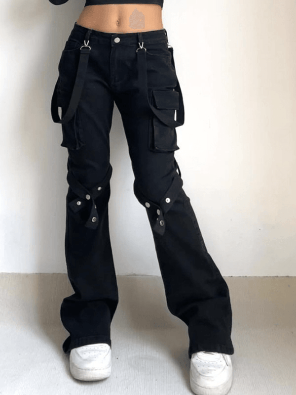Metal Leg Loop Pocket Straight Cargo Jeans - AnotherChill