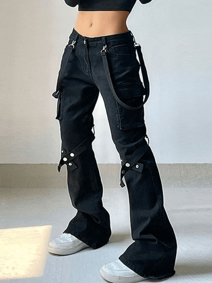 2024 Metal Leg Loop Pocket Straight Cargo Jeans Black S in Jeans Online ...