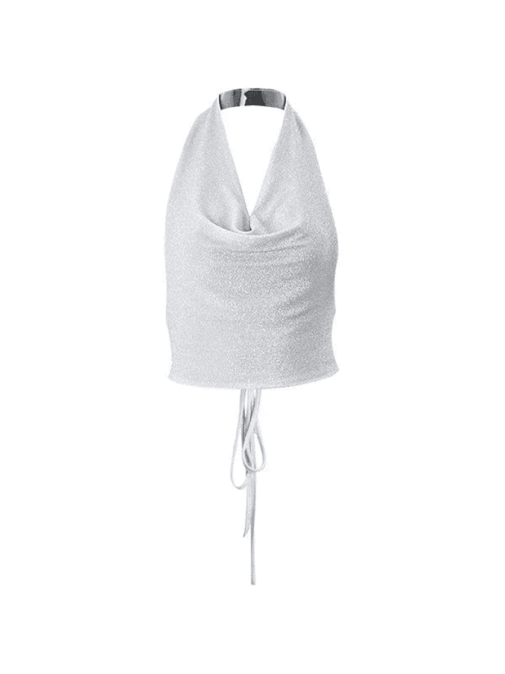 Metallic Silver Halter Cropped Tank Top - AnotherChill