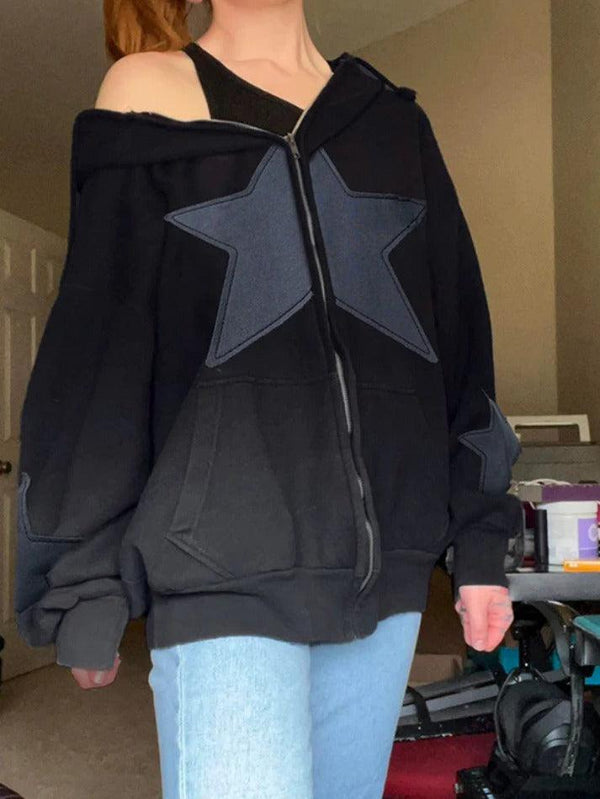 Multiple Star Patch Kangaroo Pocket Oversized Hoodie - AnotherChill
