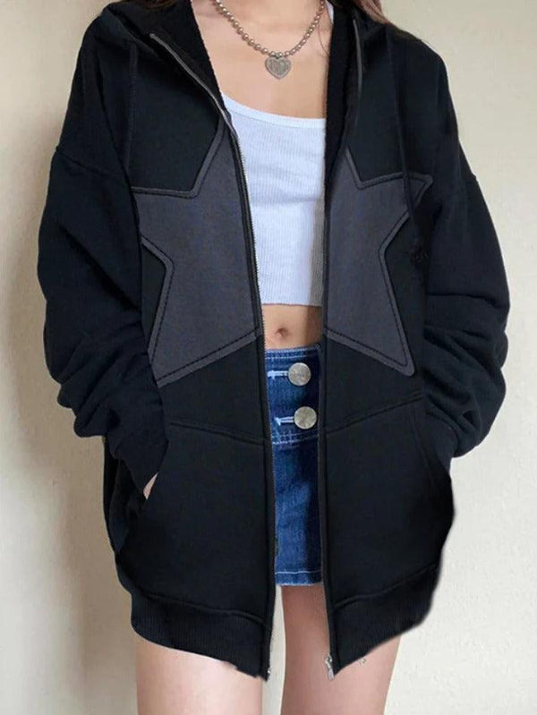 Multiple Star Patch Kangaroo Pocket Oversized Hoodie - AnotherChill