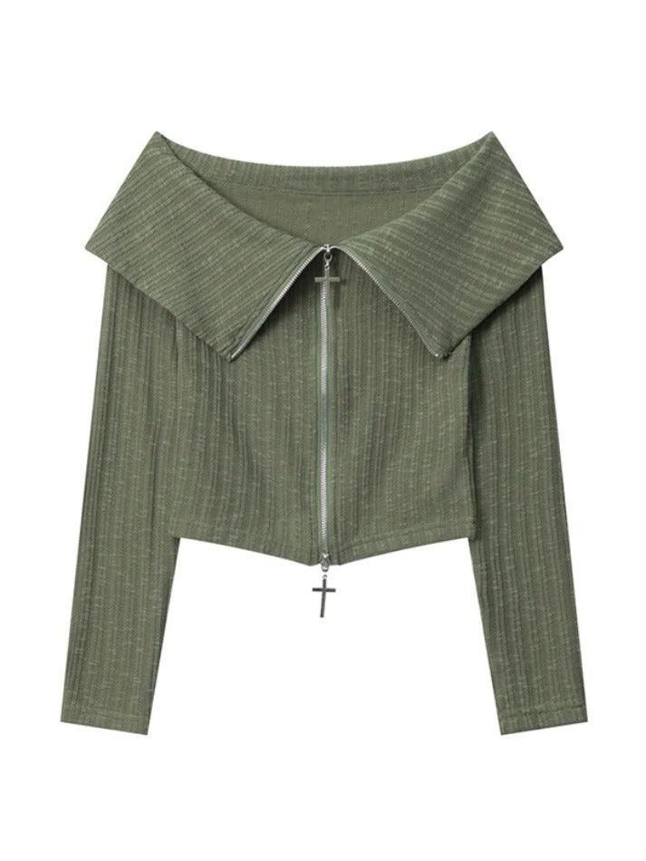 Off Shoulder Cross Pendant Zip Up Long Sleeve Knit - AnotherChill
