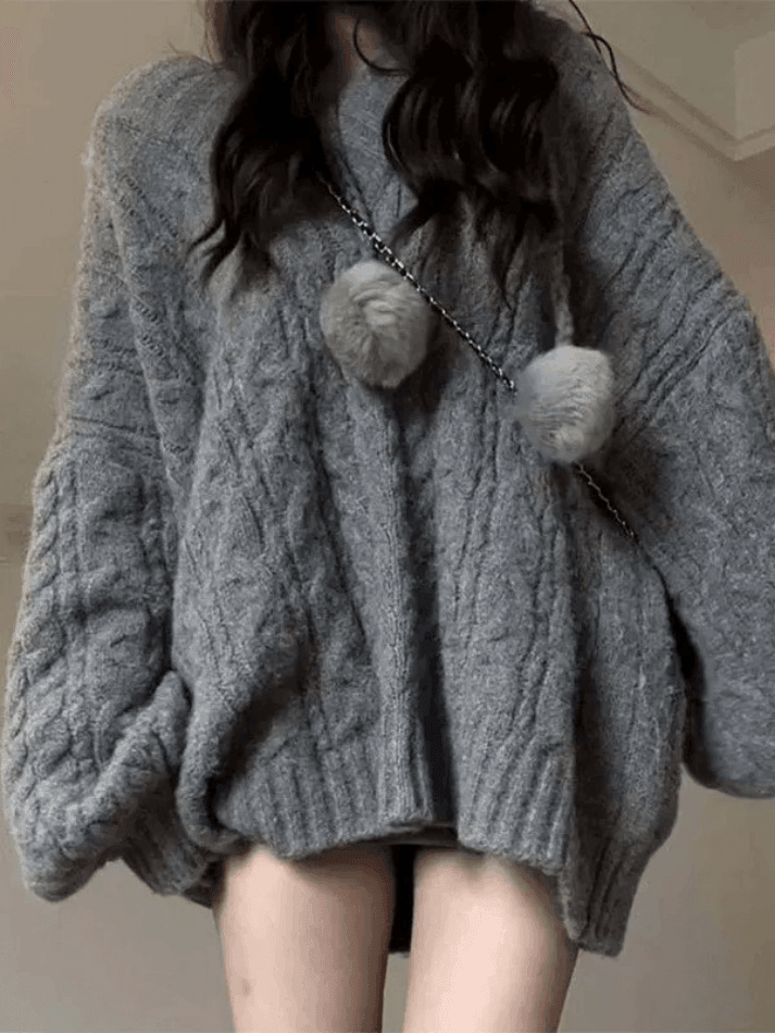 Oversize V Neck Gray Cable Knit Sweater - AnotherChill