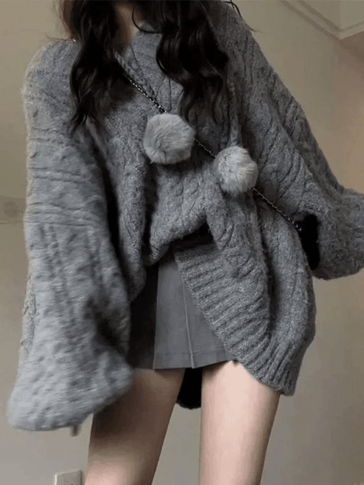Oversize V Neck Gray Cable Knit Sweater - AnotherChill