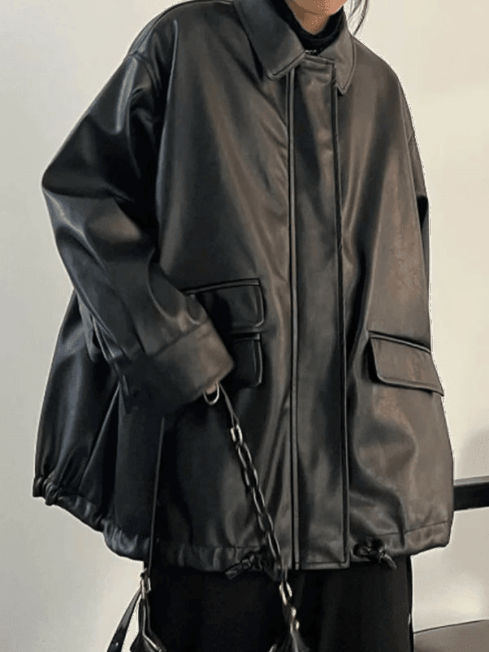 Oversized Black Faux Leather Jacket - AnotherChill