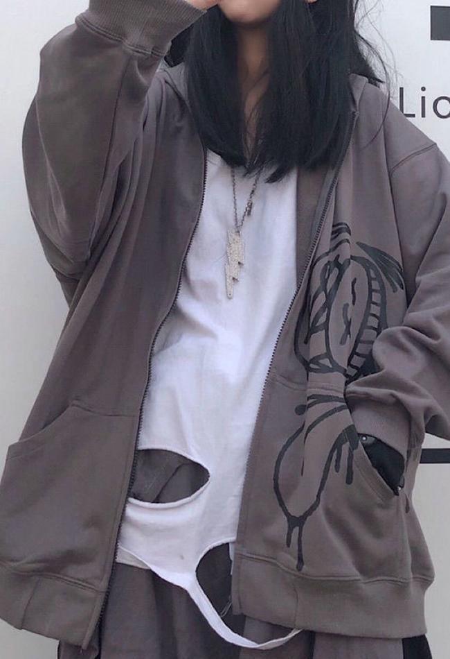 Oversized Graffiti Print Zipper Hoodie - AnotherChill