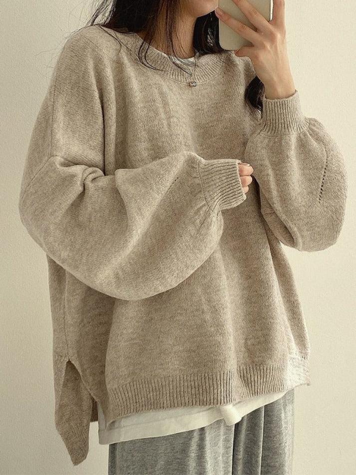 Oversized Split Hem Pullover Sweater - AnotherChill