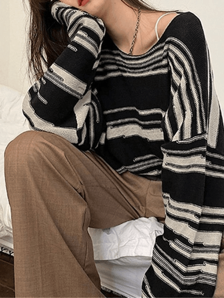 2023 Oversized Stripe Jumper Knit Sweater Black ONE SIZE in Sweaters ...
