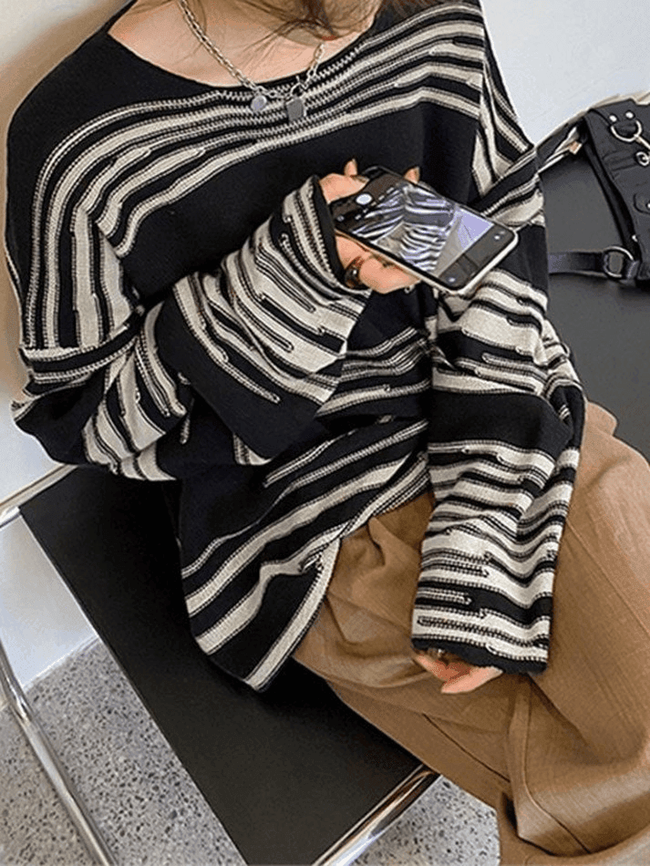 Oversized Stripe Jumper Knit Sweater - AnotherChill
