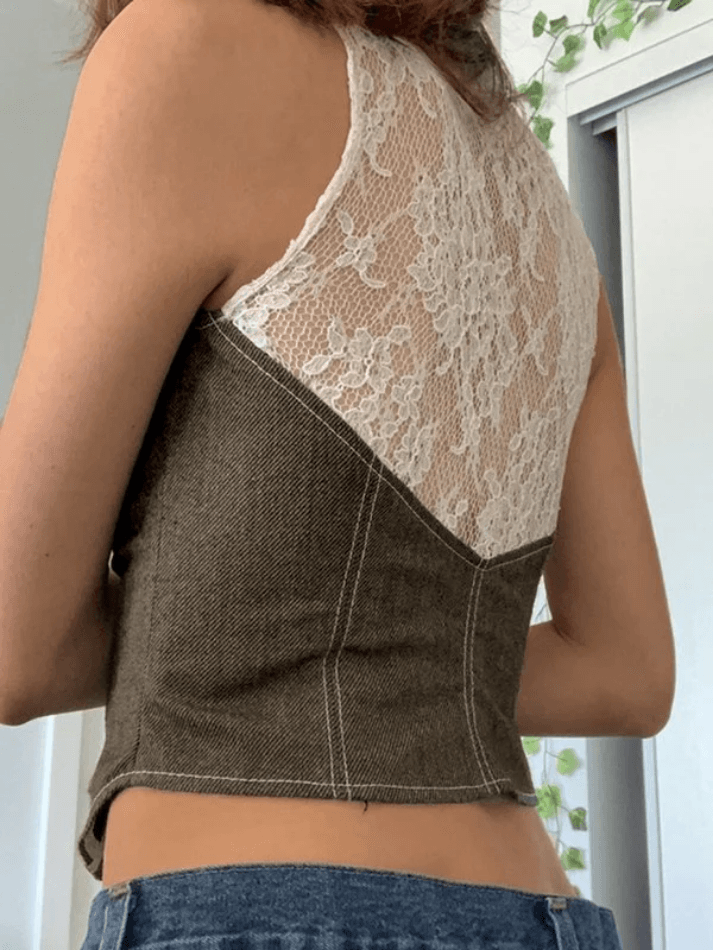 Paneled Lace Button Front Corset Top - AnotherChill